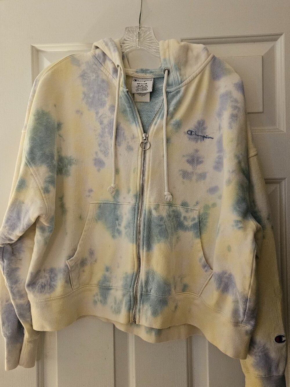 Champion Women's Yellow/Blue Tie Dye Hoodie Sweatshirt